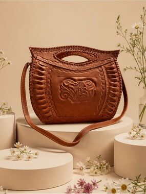Hand-Tooled Leather Crossbody Bag in Brown